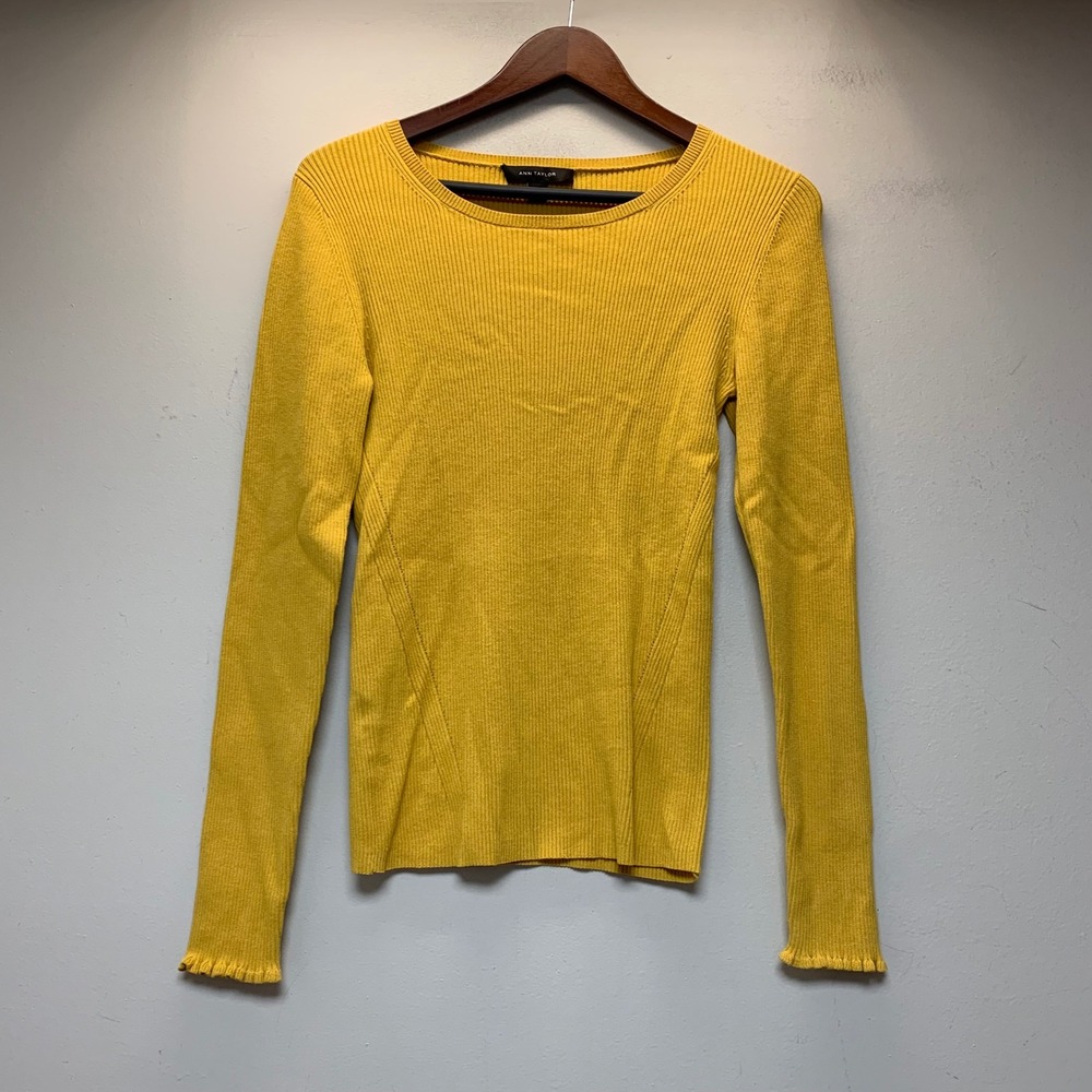 Ann Taylor Ribbed Sweater Womens M Yellow Excellent Ruffle Cuff Crew Neck 15274